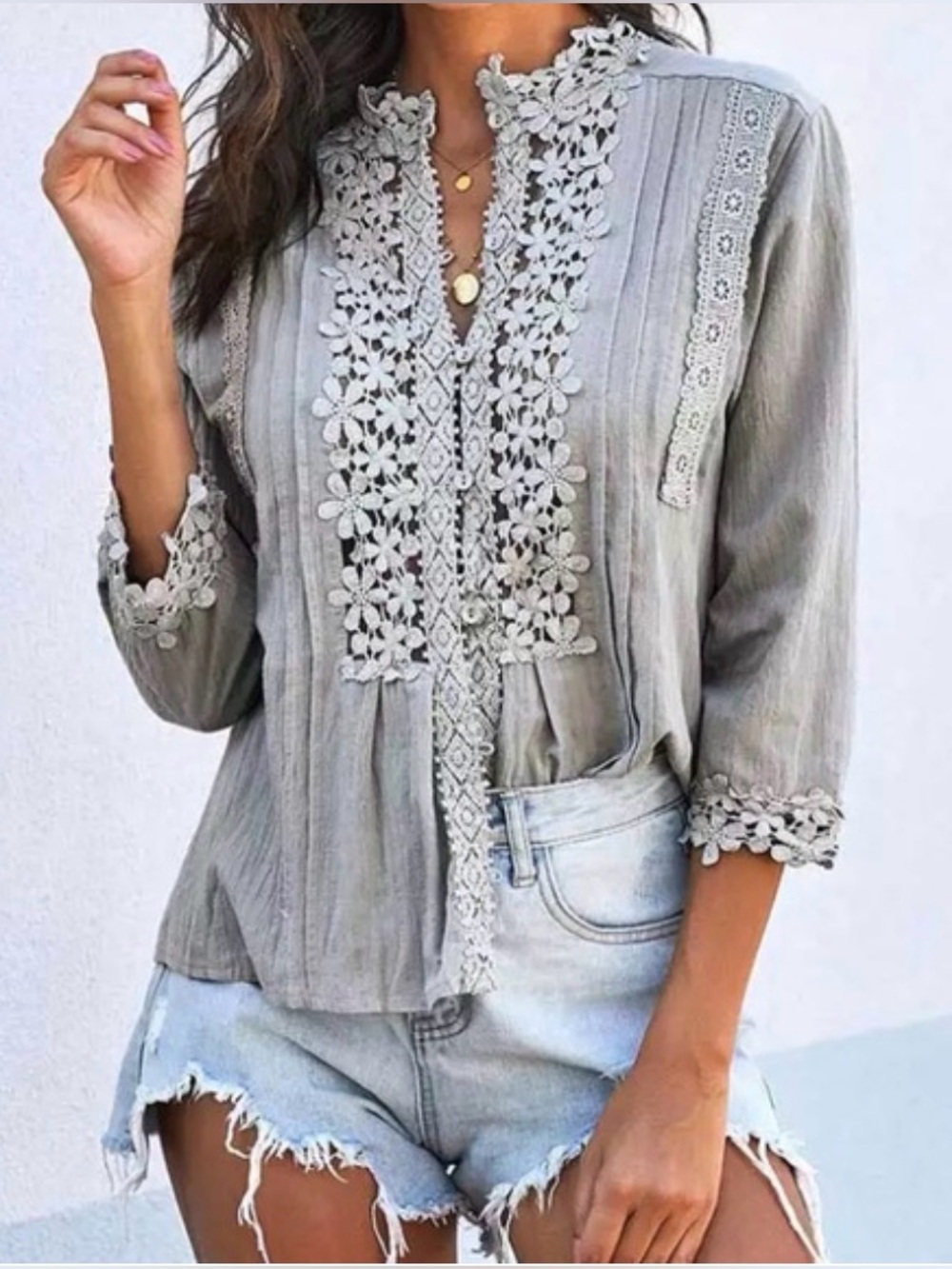 Gray lace floral embroidered button beach boho crochet tunic top blouse Medium